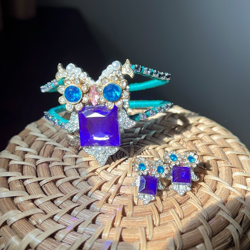 Betsey Johnson Teal Purple Owl Bracelet and Earrings